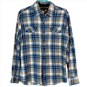 QUIKSILVER Mens Plaid Flannel Button Up Shirt Blue Tan Long Sleeve Logo Skate S